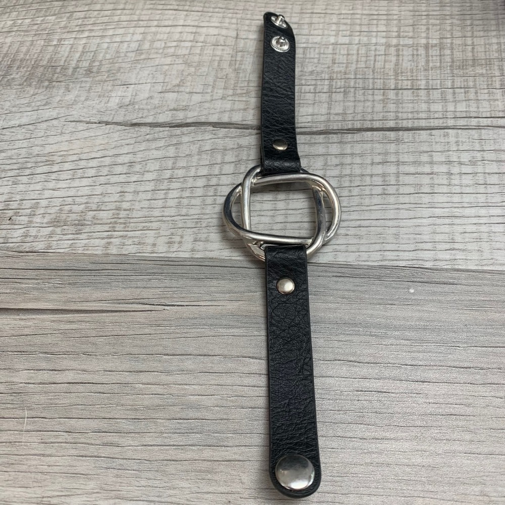 Black Faux Leather Cuff Bracelet Silver Interlocking Square Ring Snap Closure